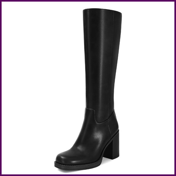 Knee High Boots Chunky Heel Square Toe Side Zipper Winter Fashion